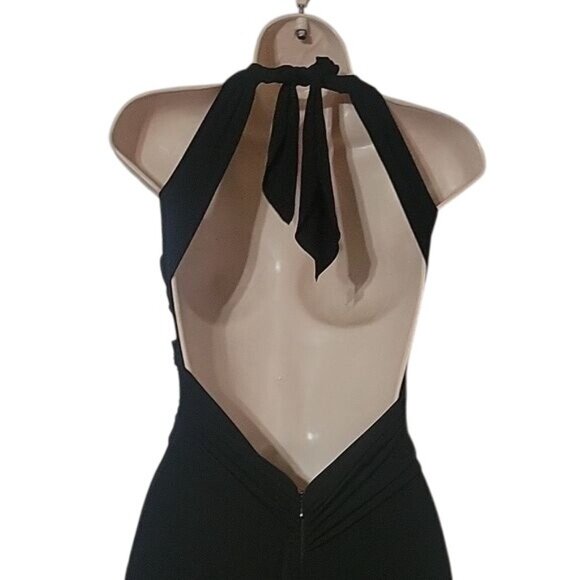 Black Halter Evening Gown With Rhinestone Embellishment & Flowing Sheer‎ Layers - Picture 6 of 9